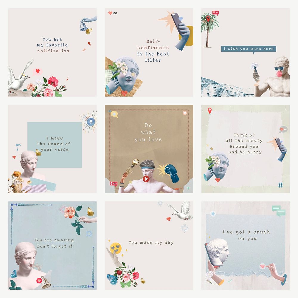 Aesthetic love quotes vector template remixed media set compatible with AI