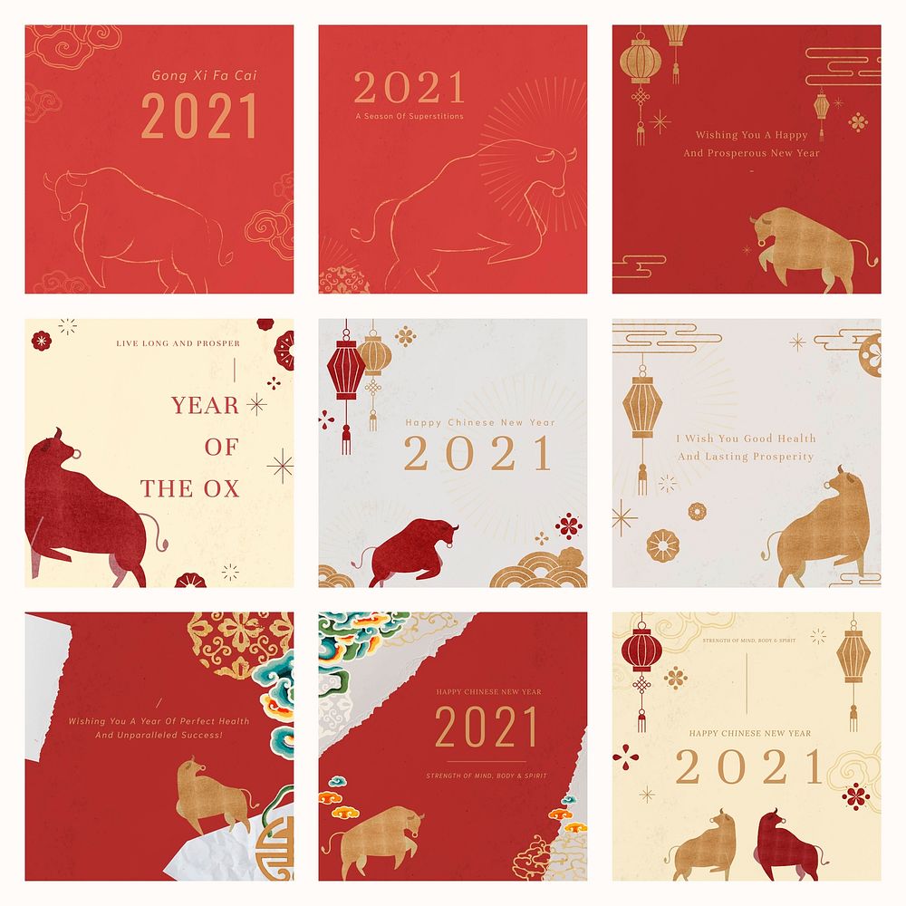 Chinese New Year file psd templates greeting 2021 social media post set