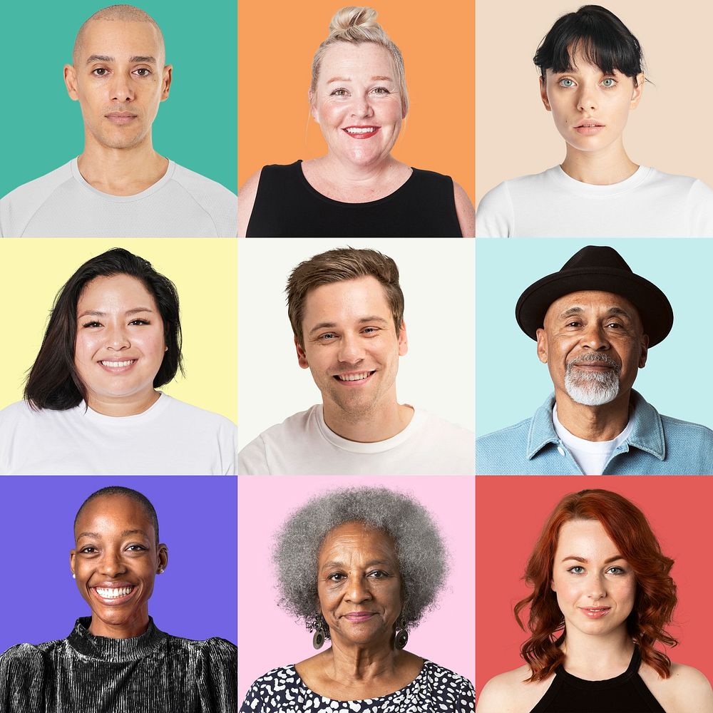 Multicultural people mockup psd closeup portrait on colorful background set