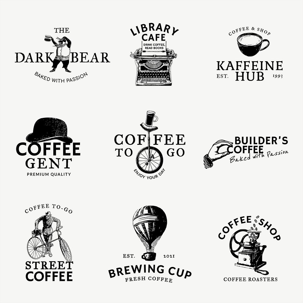 Editable coffee shop logo psd business corporate identity with text and bear barista illustration