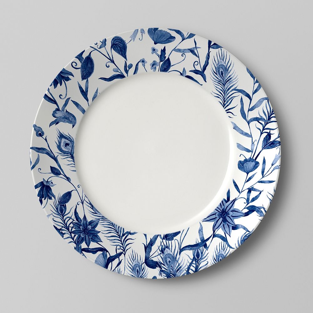 Editable ceramic plate mockup psd featuring blue flower pattern