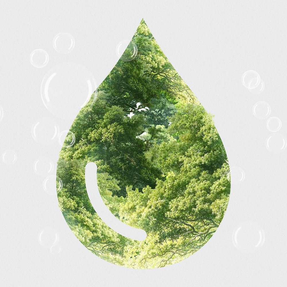 Ecosystem green water drop psd with tree mixed media