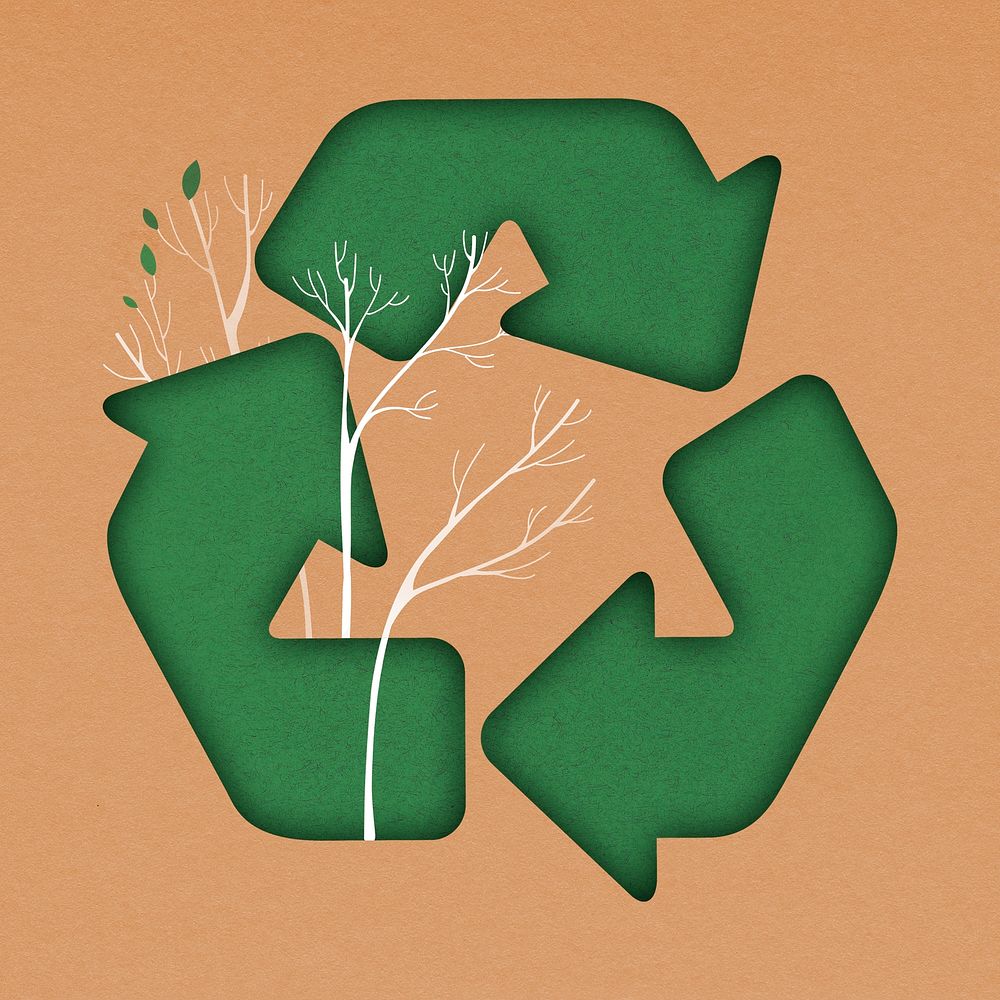 Green recycling symbol psd with growing trees on orange background