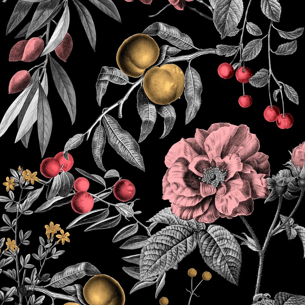 Elegant rose floral pattern psd pink fruits vintage illustration