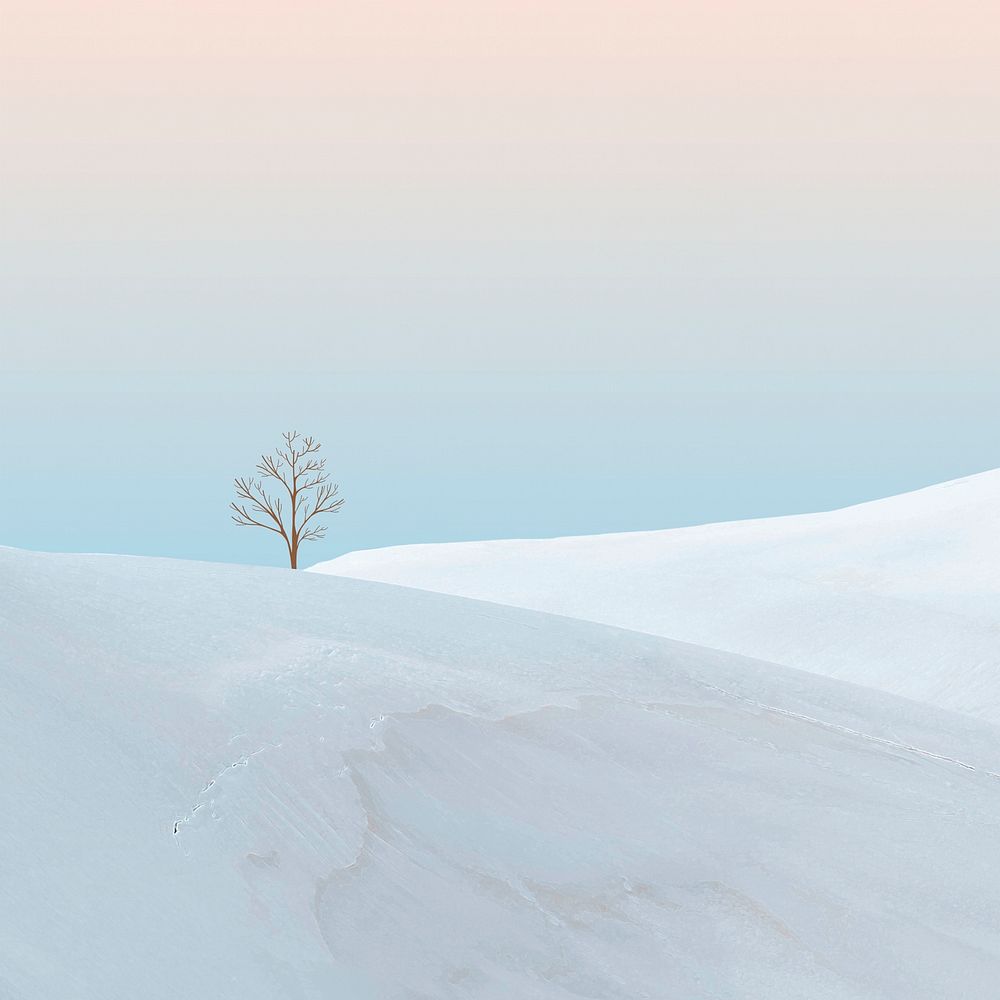 Creative background psd of minimal snow-covered mountain with a bare tree