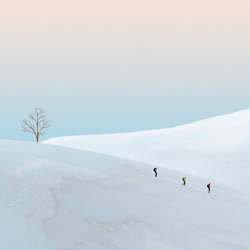 Creative background psd of minimal snow-covered mountain with people hiking
