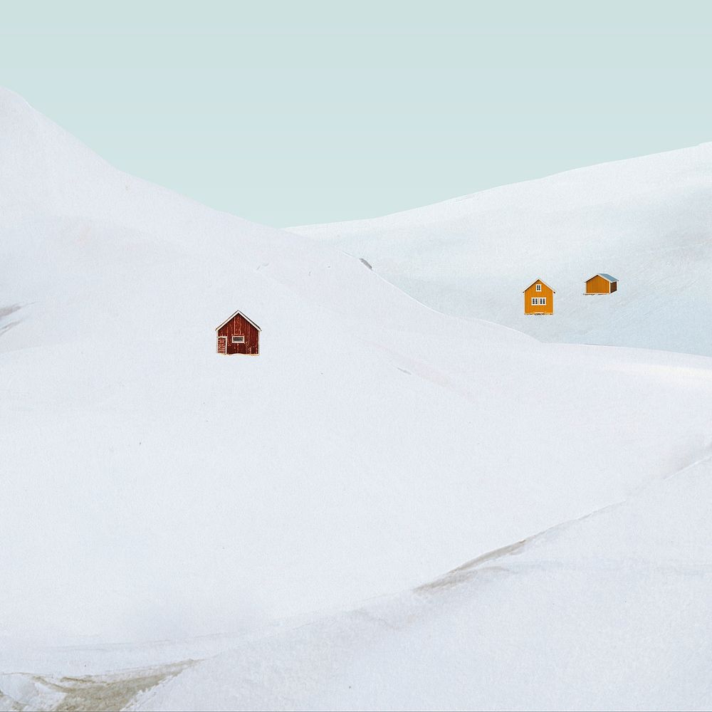 Creative background psd of minimal snow-covered mountain with cabins