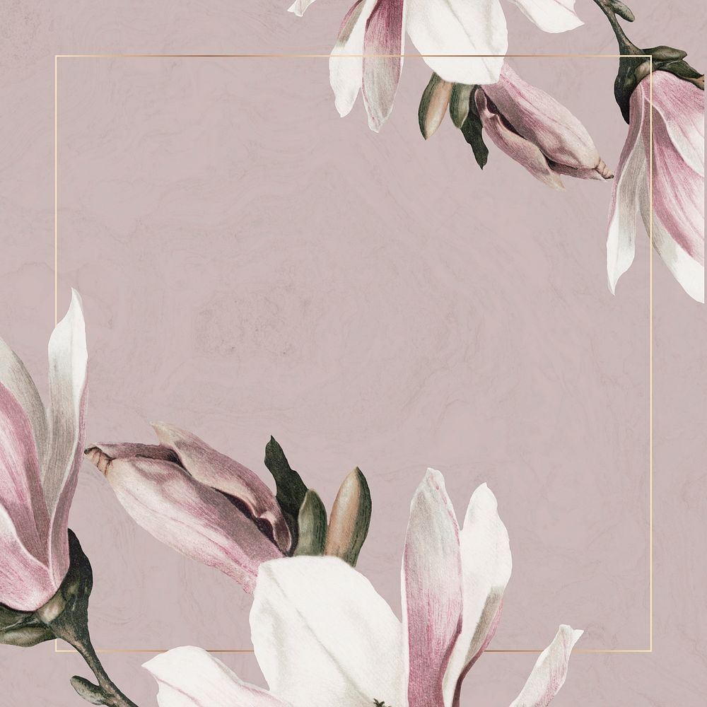 Wedding frame psd with magnolia border on brown background