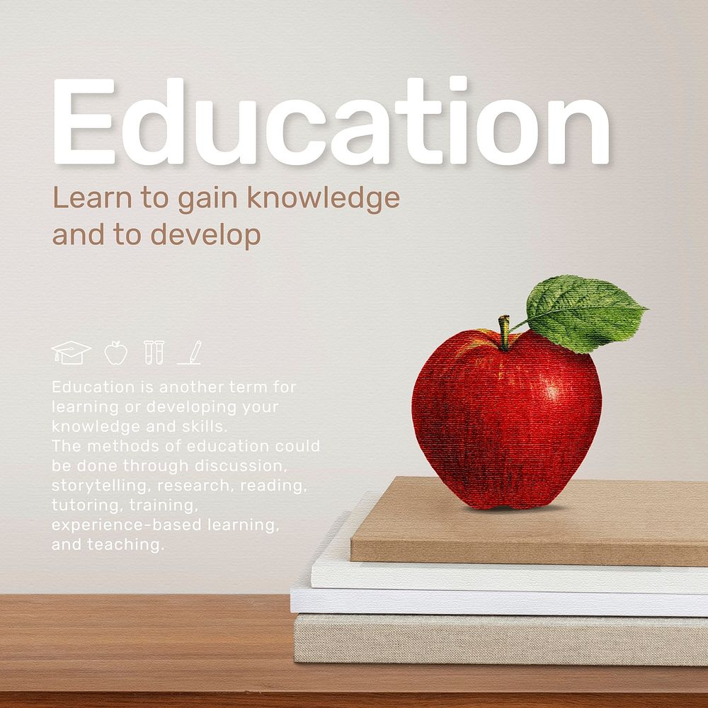 Education template vector with apple on book stack
