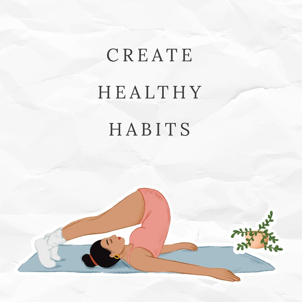 Create healthy habits template vector with woman character doing yoga