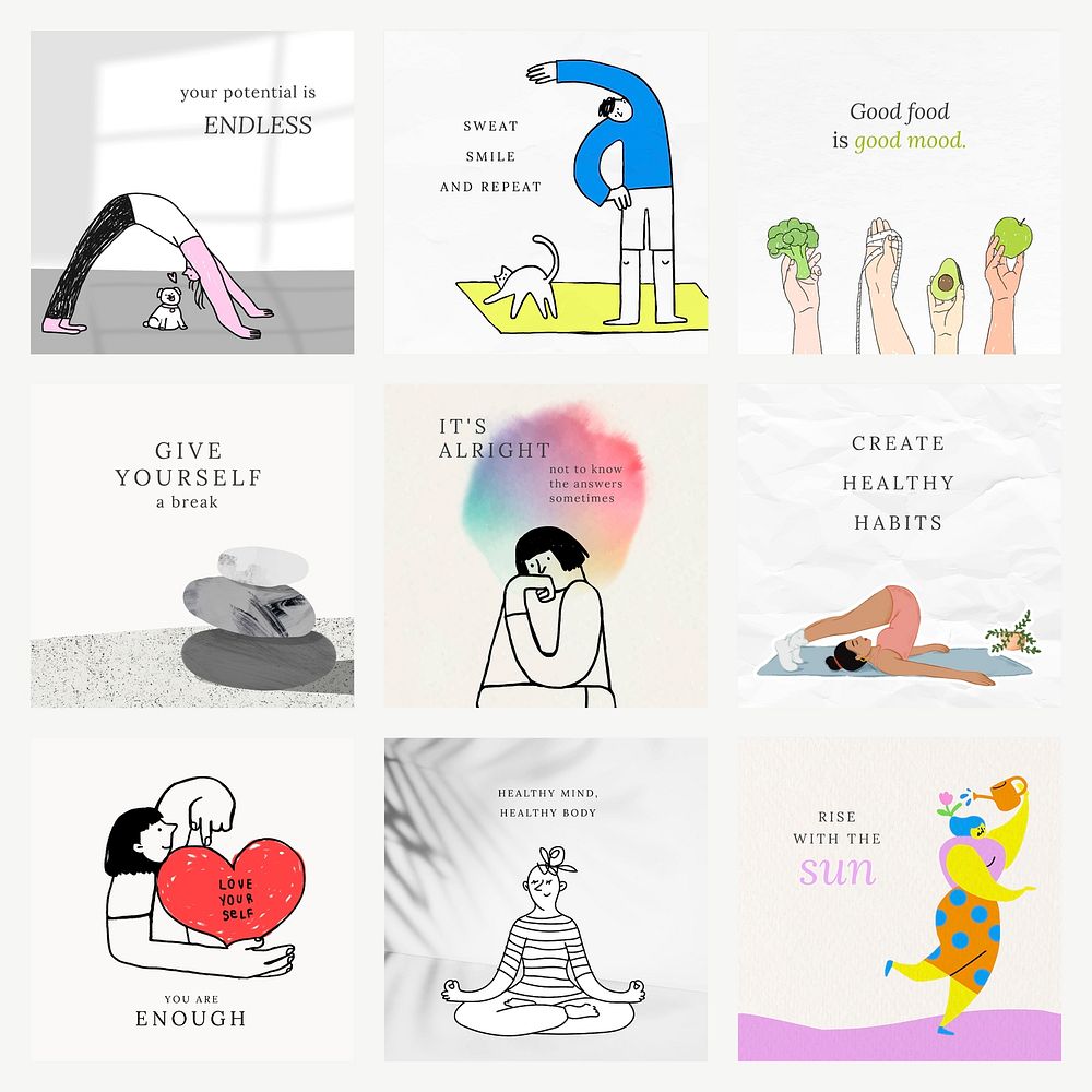 Health and wellness templates vector colorful and cute illustrations set