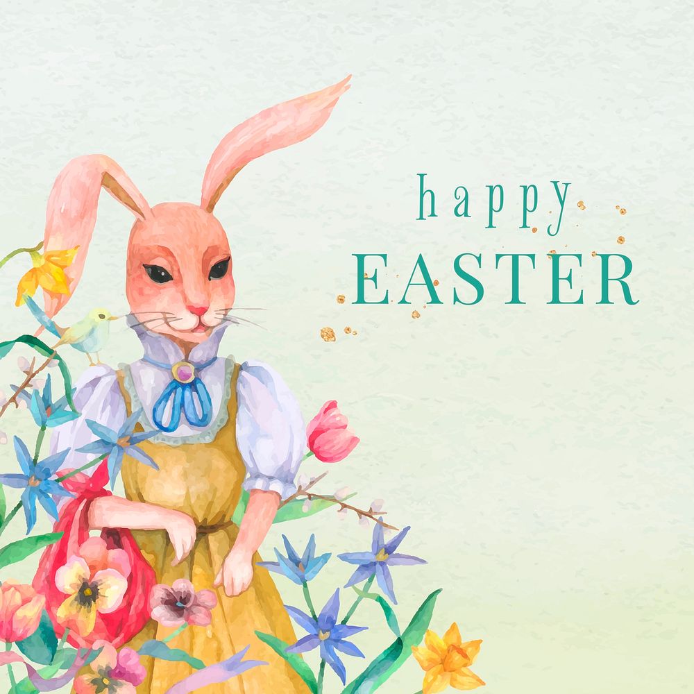 Happy Easter bunny cute pastel watercolor greeting on green background social media post