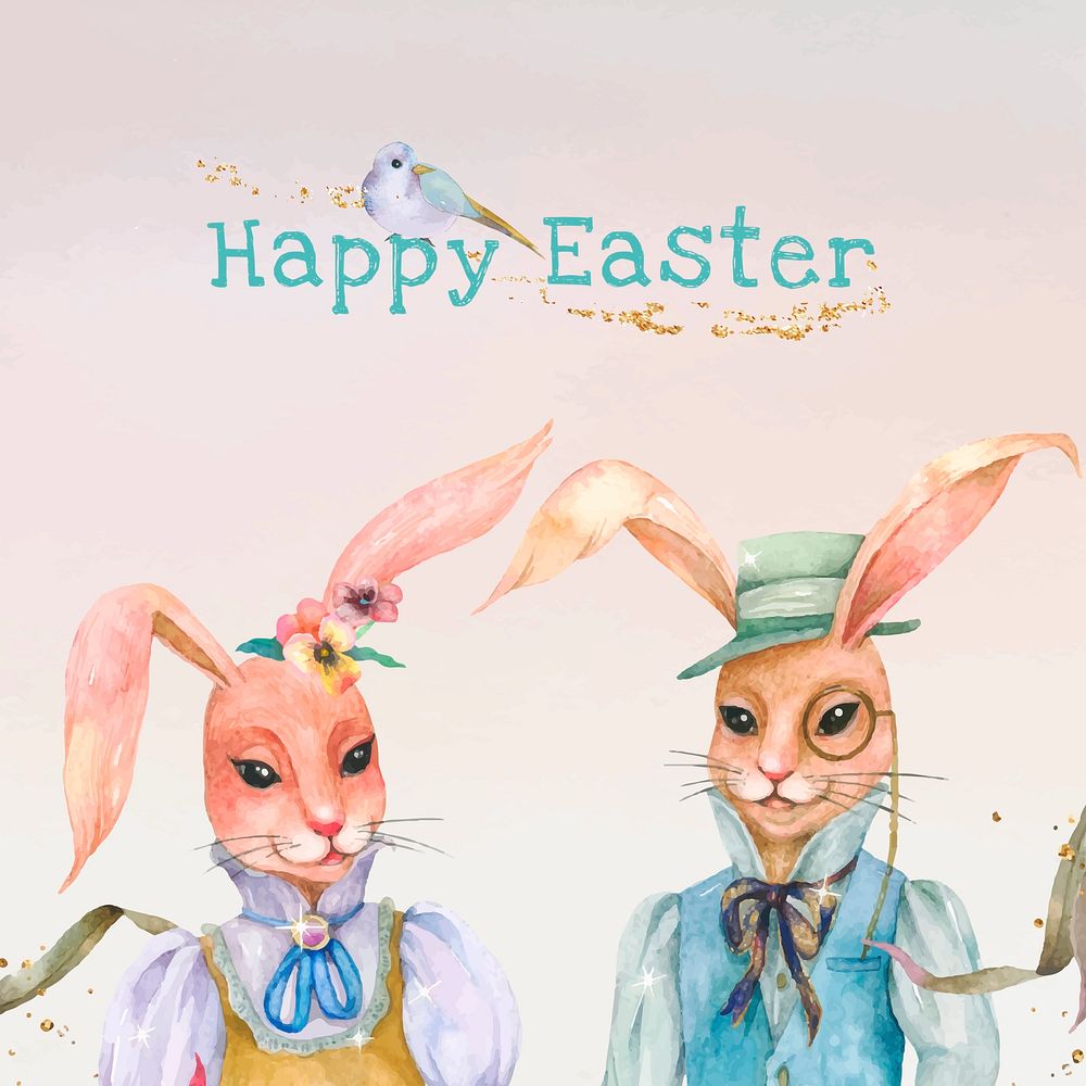 Happy Easter bunny cute pastel watercolor greeting on pink background social media post