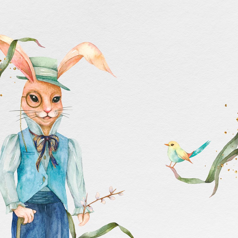 Easter bunny background with little bird in watercolor