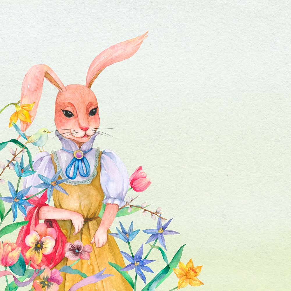 Beautiful Easter bunny background collecting flowers in the garden