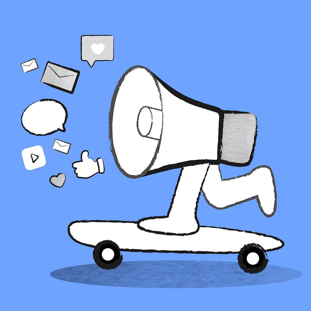 Social media advertisement vector cute megaphone on a skate doodle blue illustration