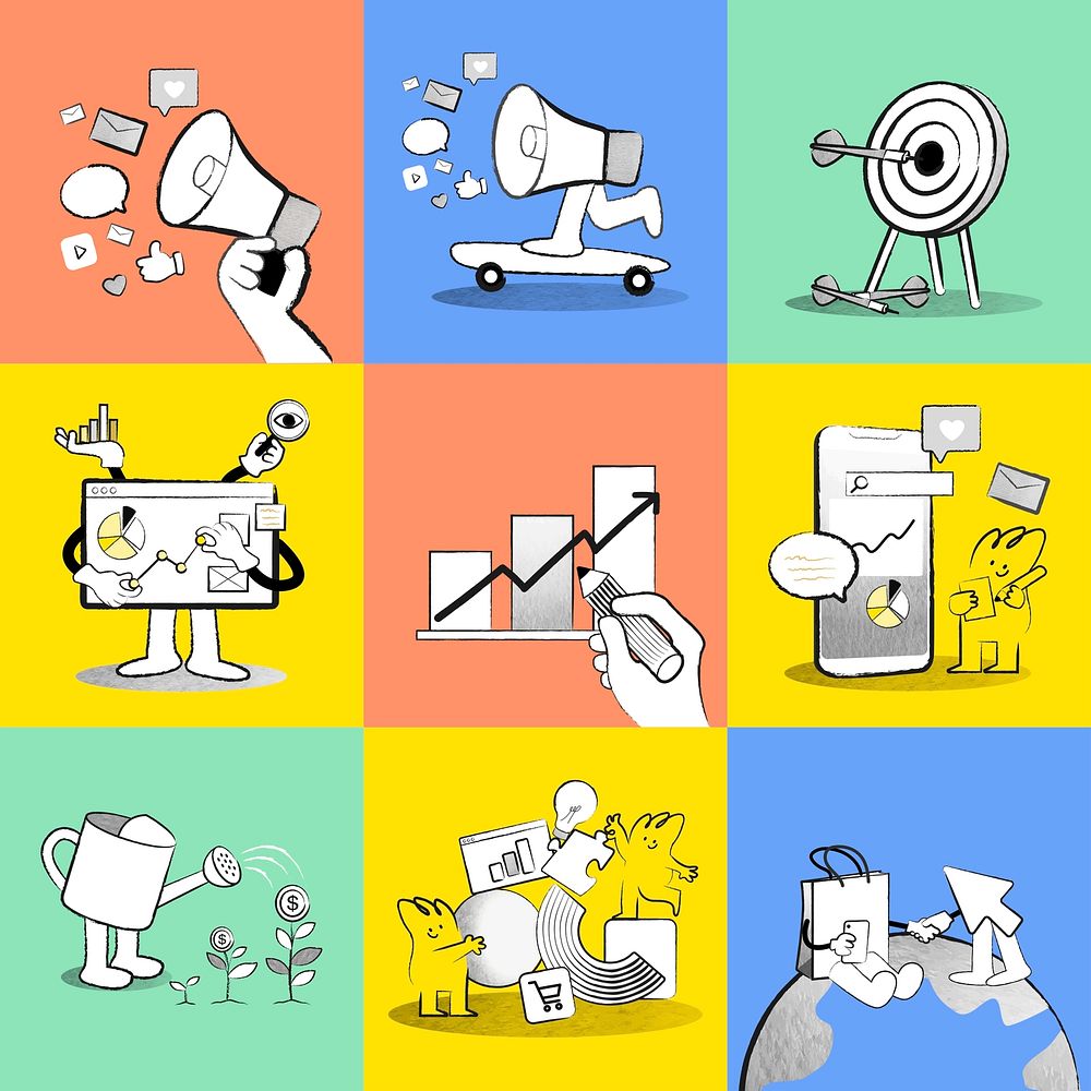 Online business strategy psd doodle colorful illustrations for marketing collection
