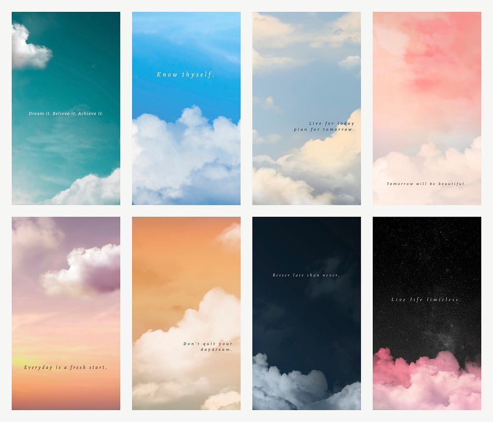 Sky and clouds vector mobile wallpaper template with inspiring quote set