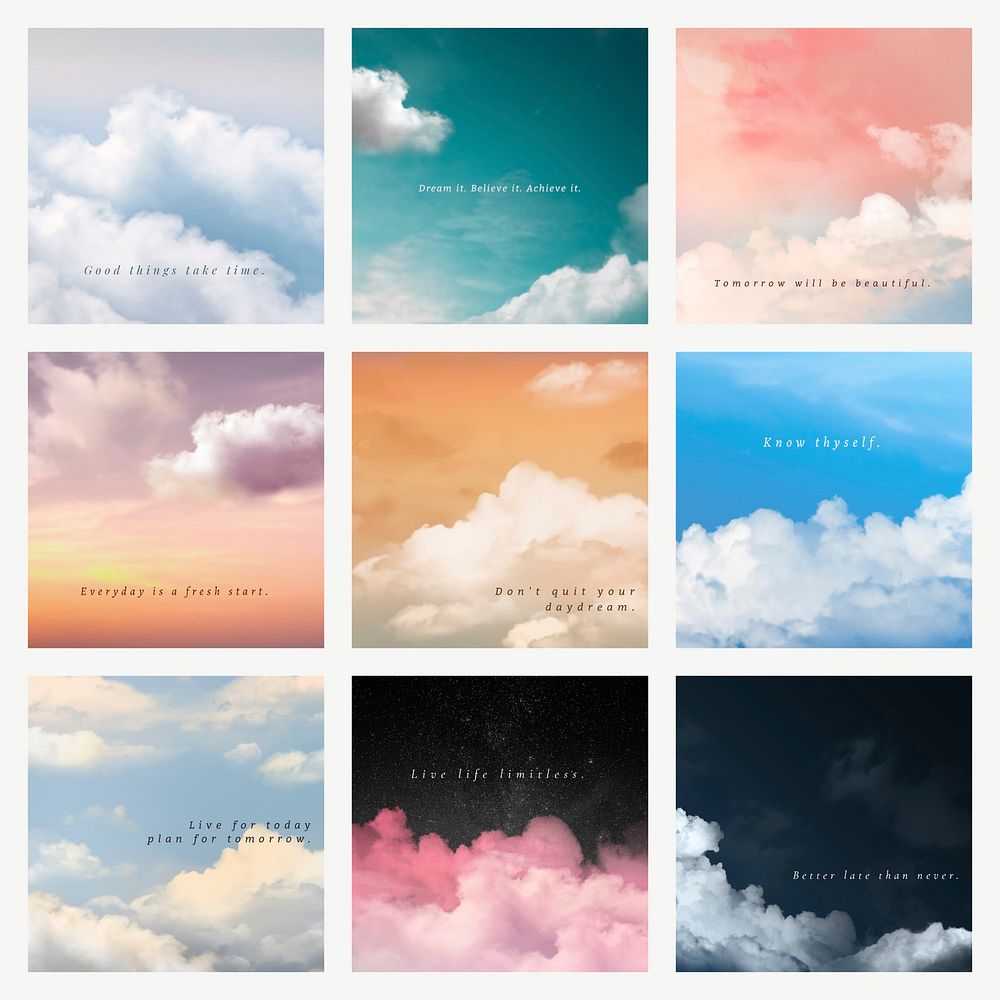 Sky and clouds vector social media post template with motivation quote set