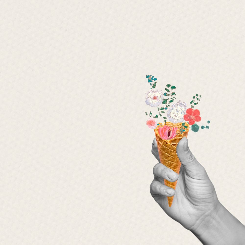 Floral cone background psd in hand, remixed from artworks by Pierre-Joseph Redout&eacute;