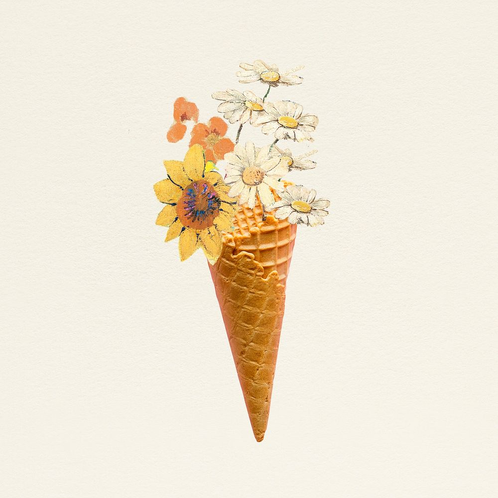 Floral cone psd illustration, remixed from artworks by Pierre-Joseph Redout&eacute;