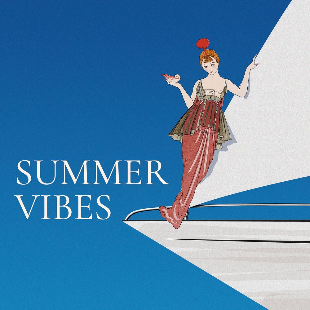 Summer template psd with woman on sailing boat, remixed from artworks by George Barbier