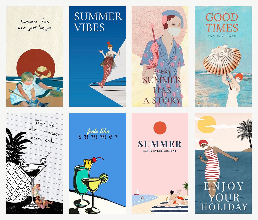 Summer quote vector editable template set, remixed from public domain artworks