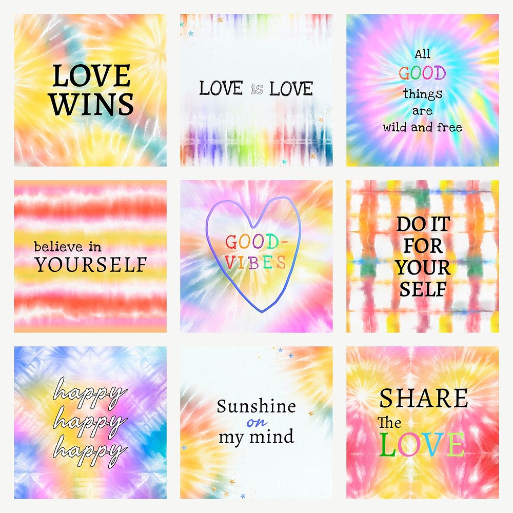 Inspirational quote template vector for social media post on colorful tie dye set