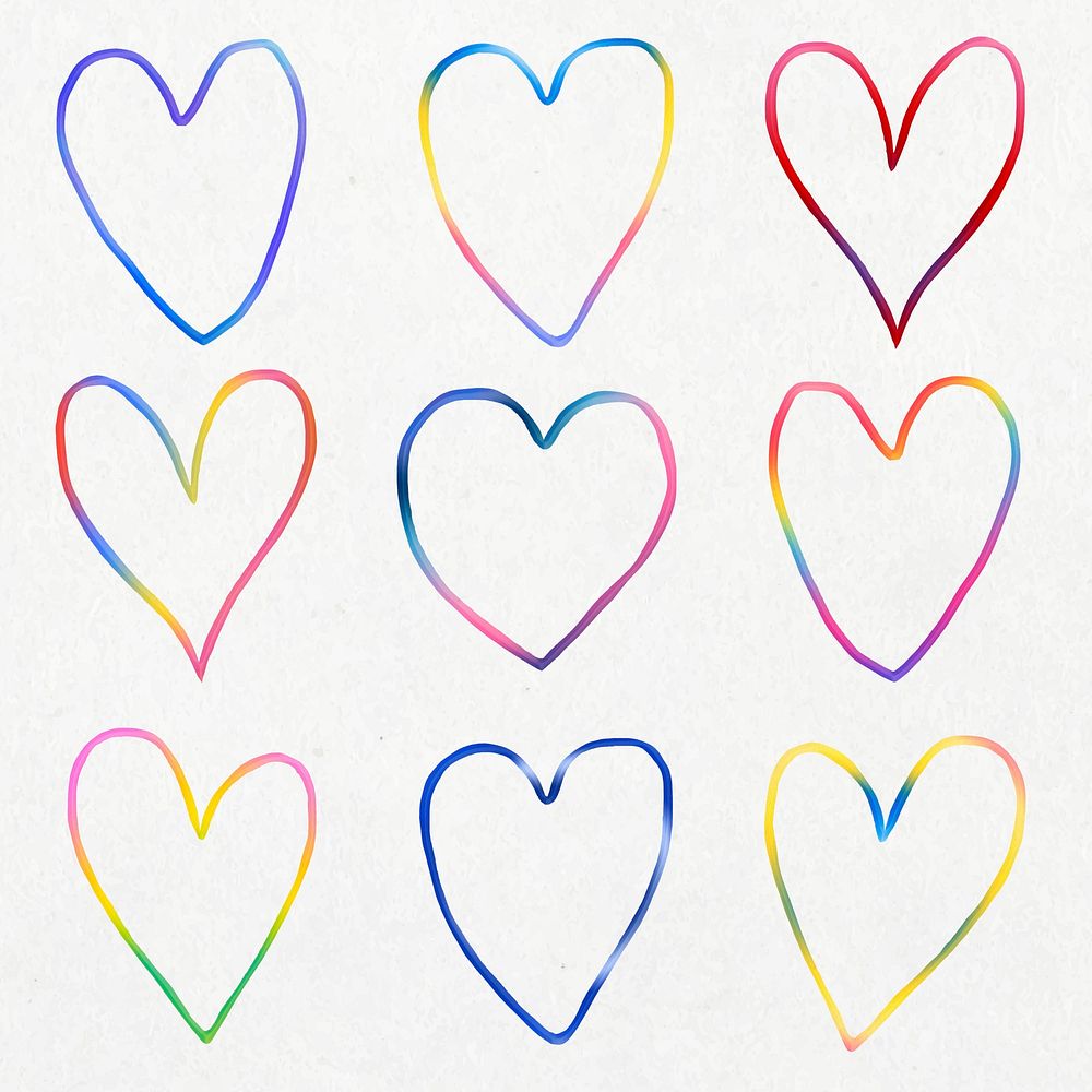 Colorful cute heart vector in doodle style set