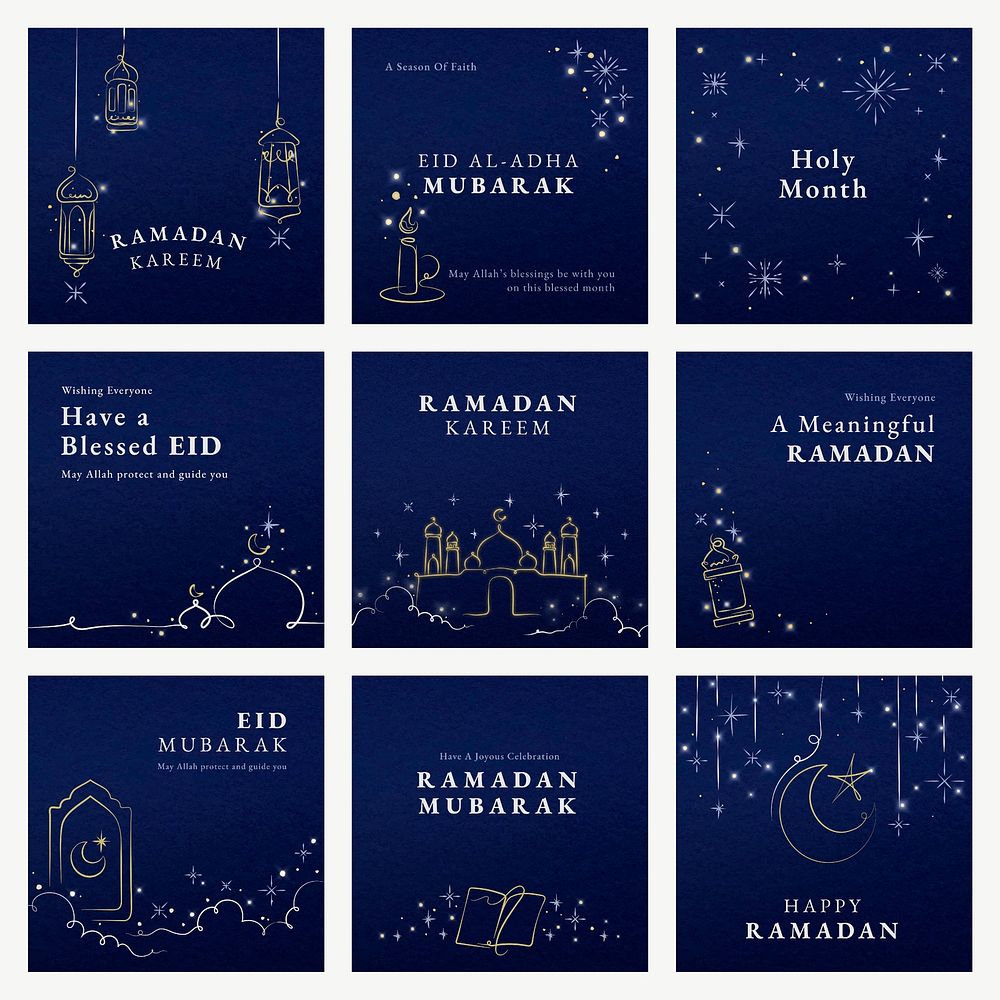 Ramadan social media template vector on blue background set