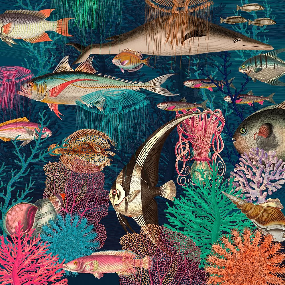 Vintage underwater pattern background illustration, remixed from public domain artworks