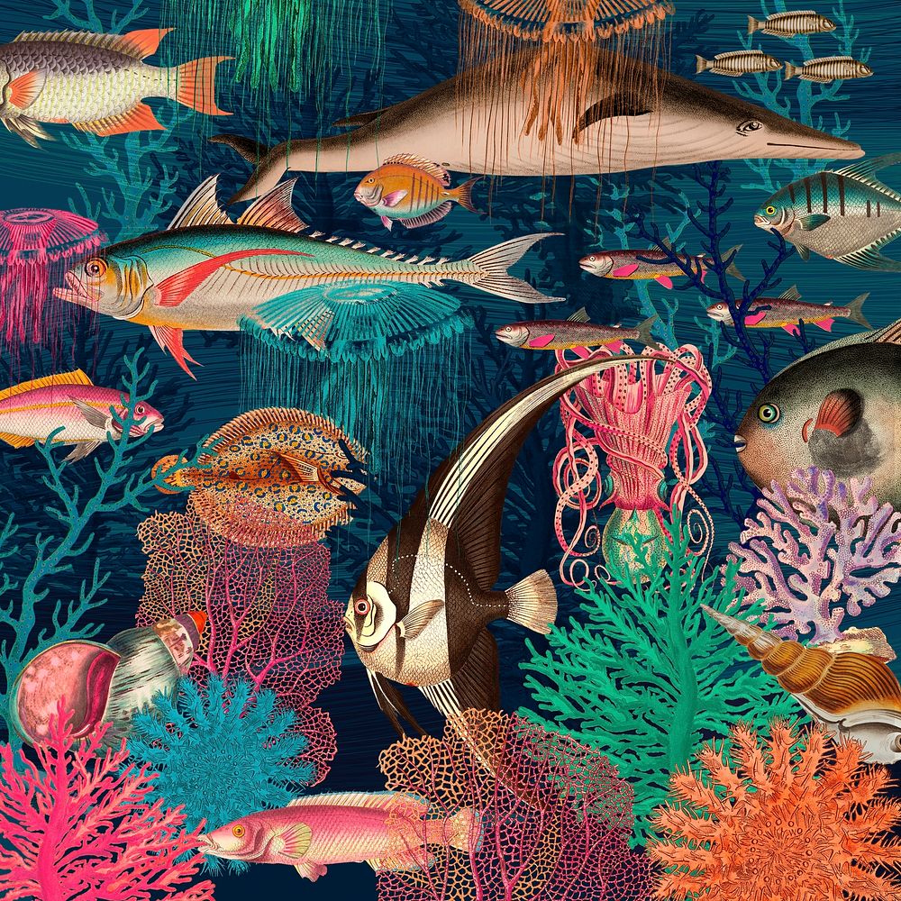 Vintage underwater pattern background psd, remixed from public domain artworks