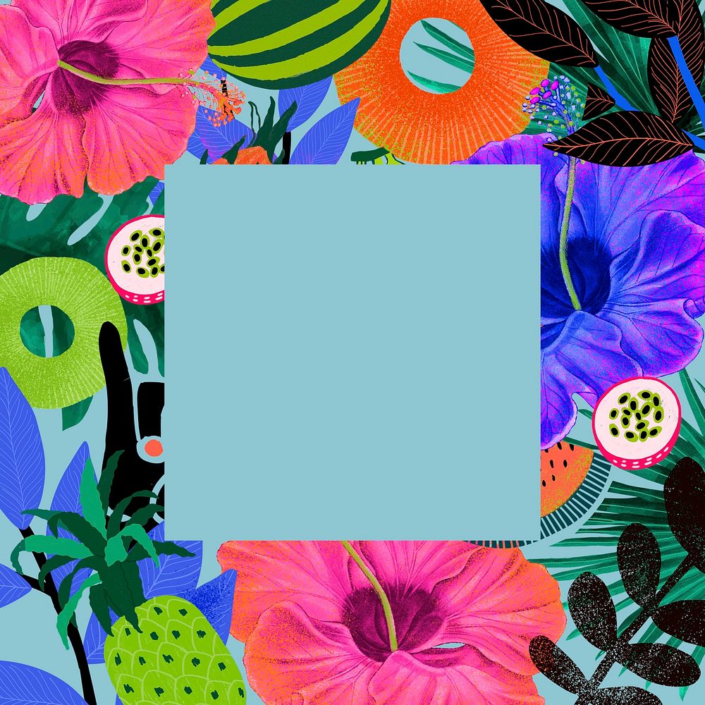 Tropical flower frame psd illustration in colorful tone