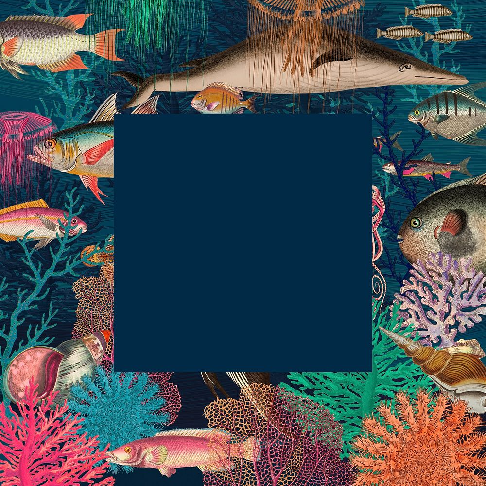 Vintage frame psd with underwater pattern, remixed from public domain artworks