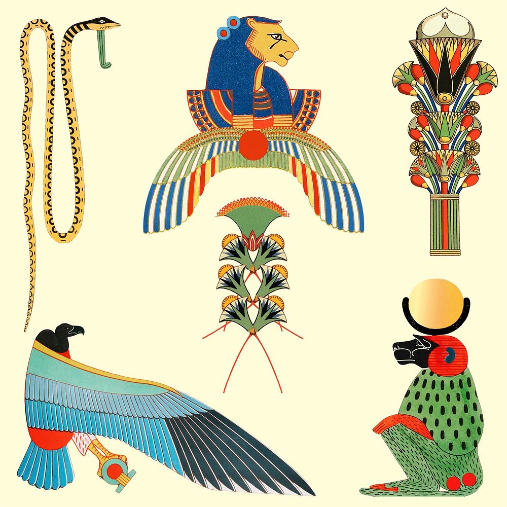 Egyptian design psd illustration set, remixed from public domain artworks