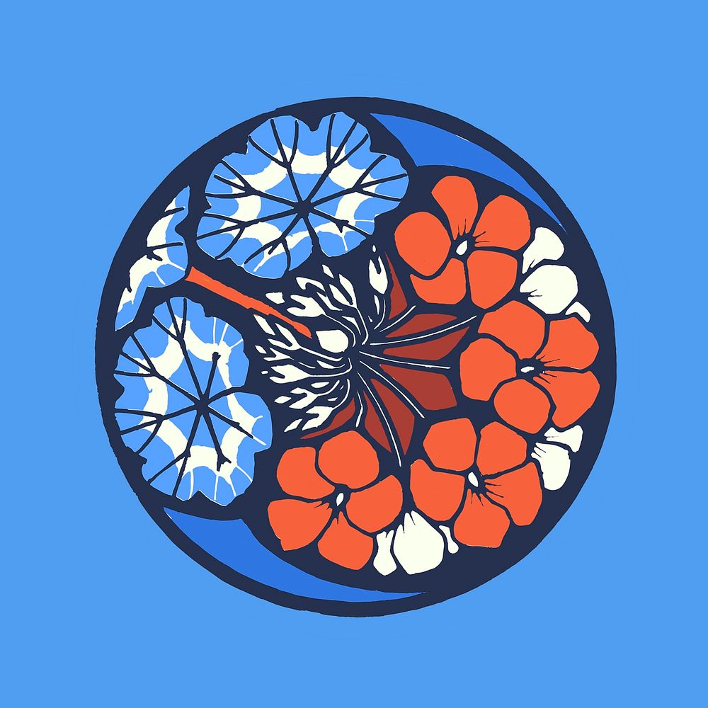 Batik flower illustration in blue tone