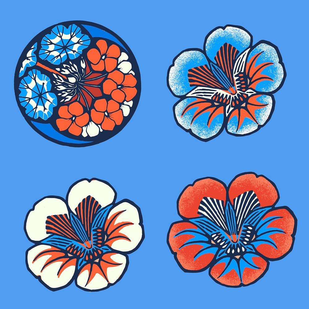 Batik flower vector illustration in blue tone set