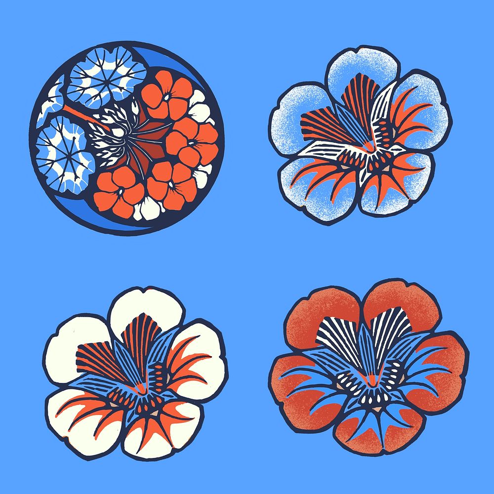 Batik flower psd illustration in blue tone set