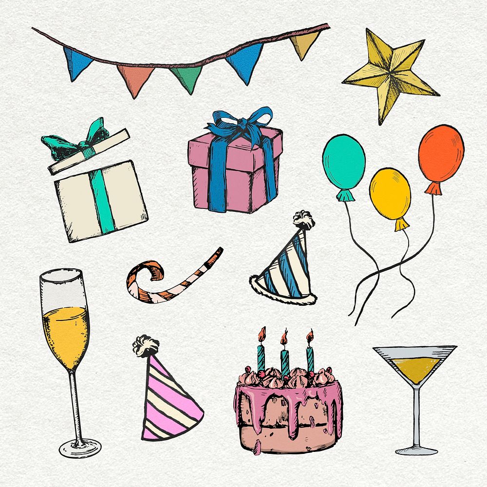 Birthday party decorations sticker vector colorful vintage illustrations set