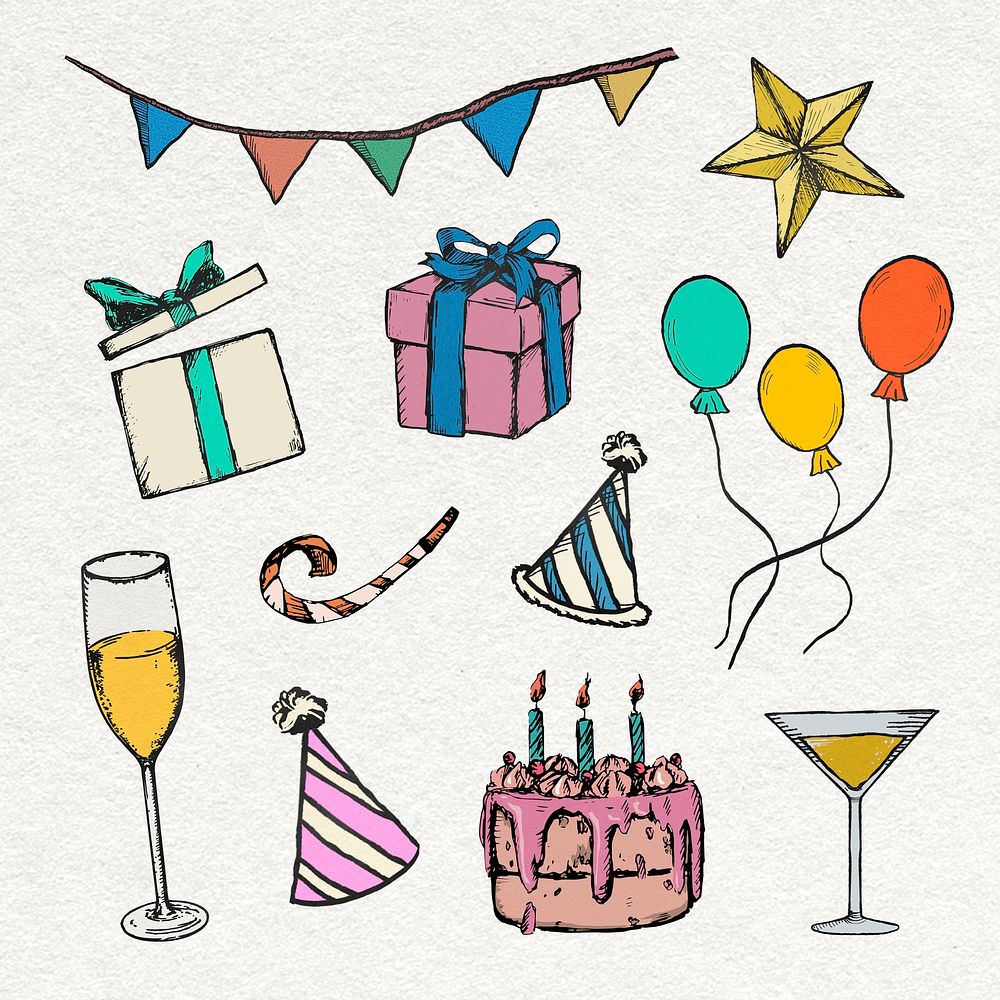 Birthday party decorations sticker psd colorful vintage illustrations set