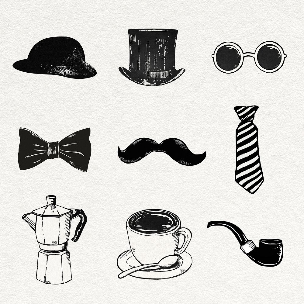 Cute vintage stickers psd in black and white sketches set