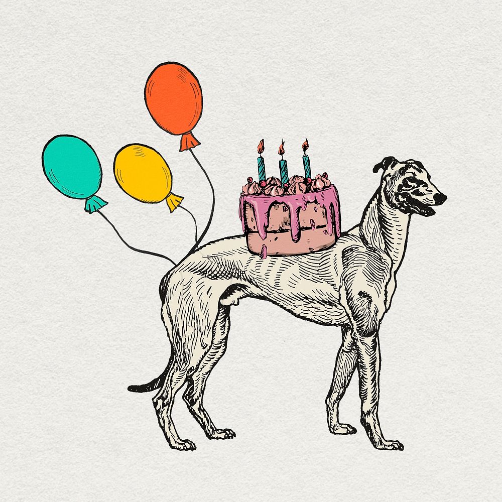 Greyhound dog sticker psd vintage birthday theme illustration, remixed from artworks by Moriz Jung