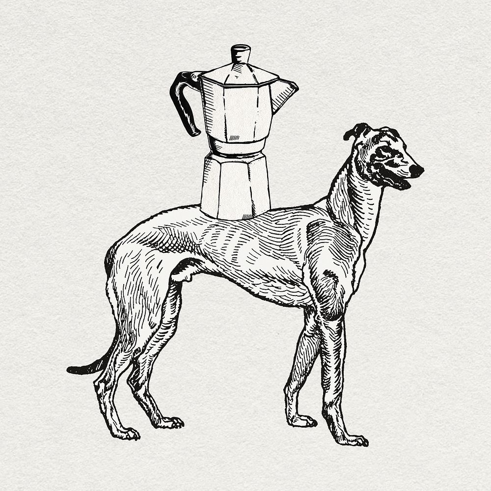 Vintage greyhound graphic with kettle, remixed from artworks by Moriz Jung