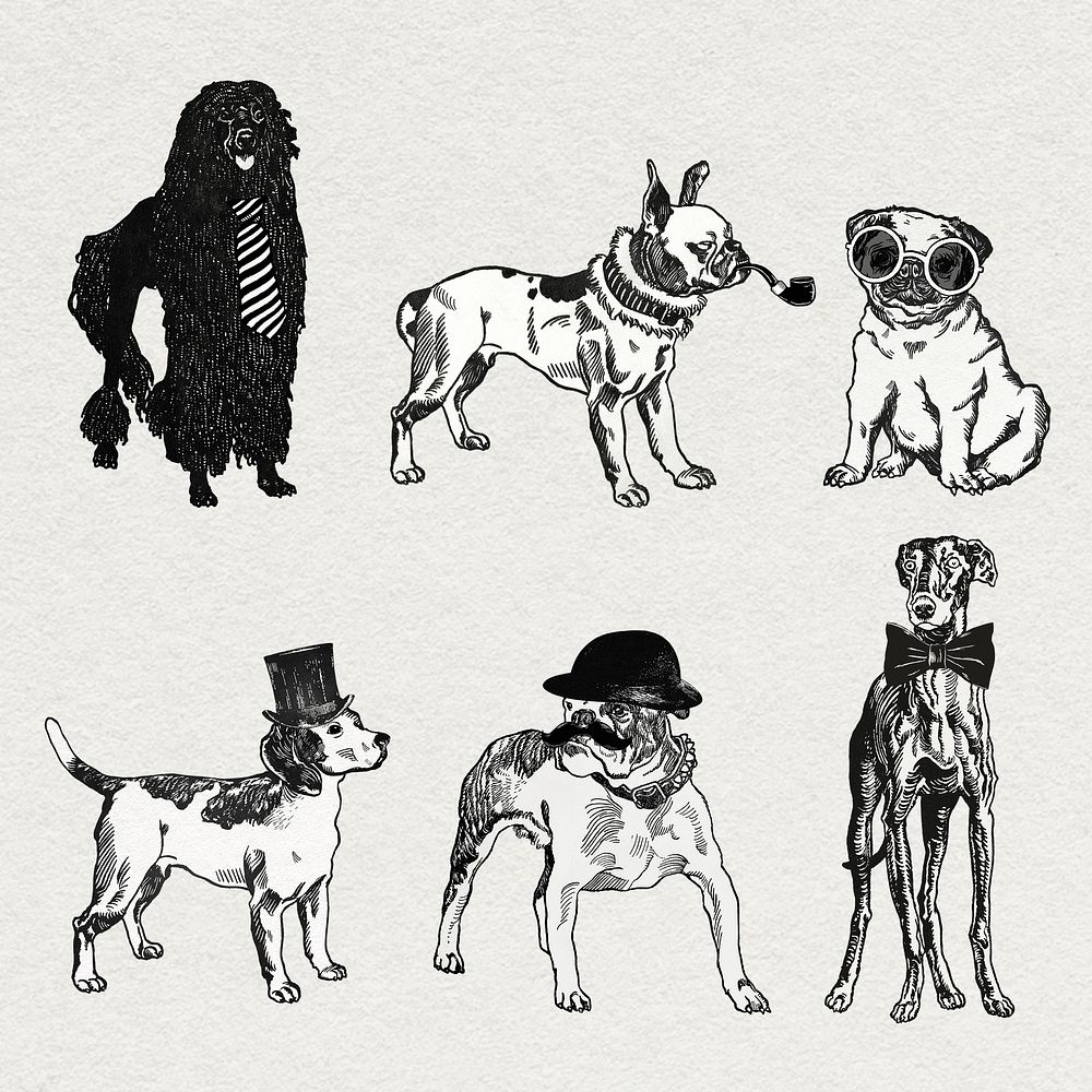 Vintage dog stickers psd in black and white illustrations set, remixed from artworks by Moriz Jung