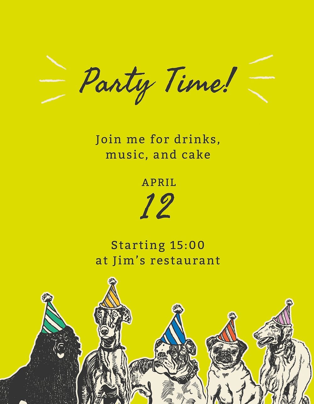 Editable party flyer template psd with quote, party time, remixed from artworks by Moriz Jung