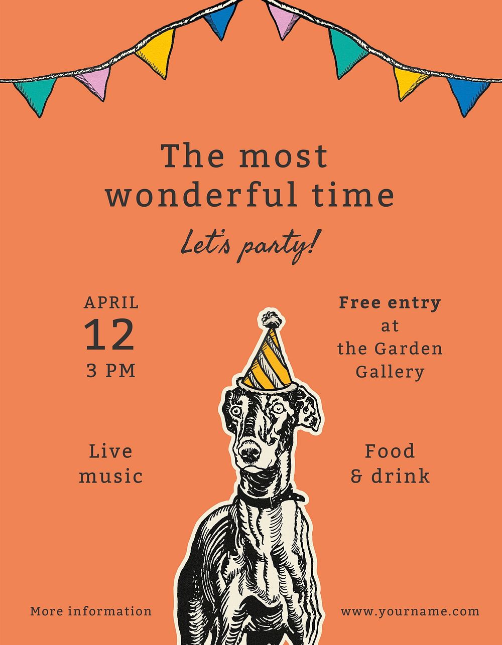 Editable party flyer template psd with quote, the most wonderful time, remixed from artworks by Moriz Jung