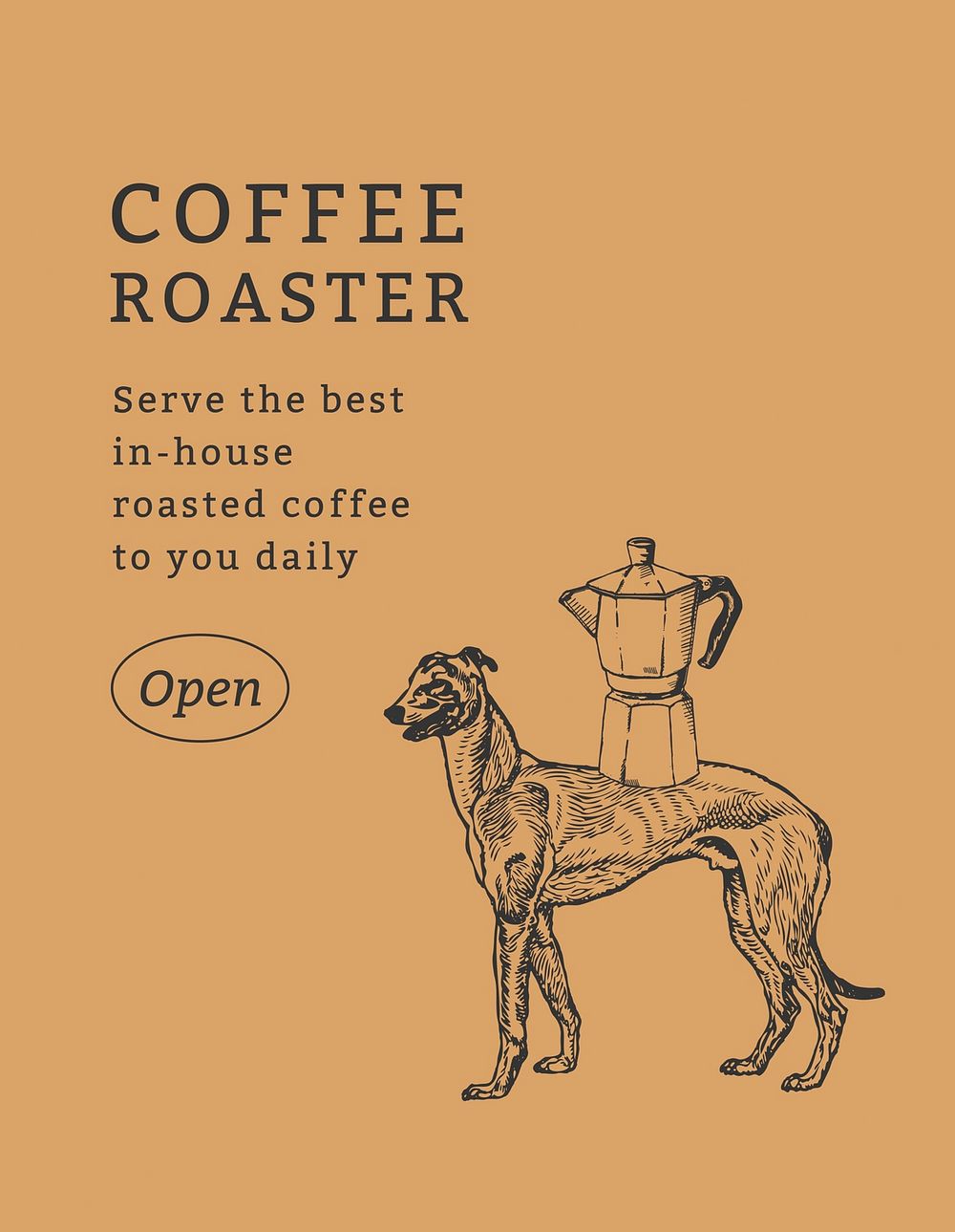 Coffee shop flyer template psd in vintage dog illustration theme, remixed from artworks by Moriz Jung