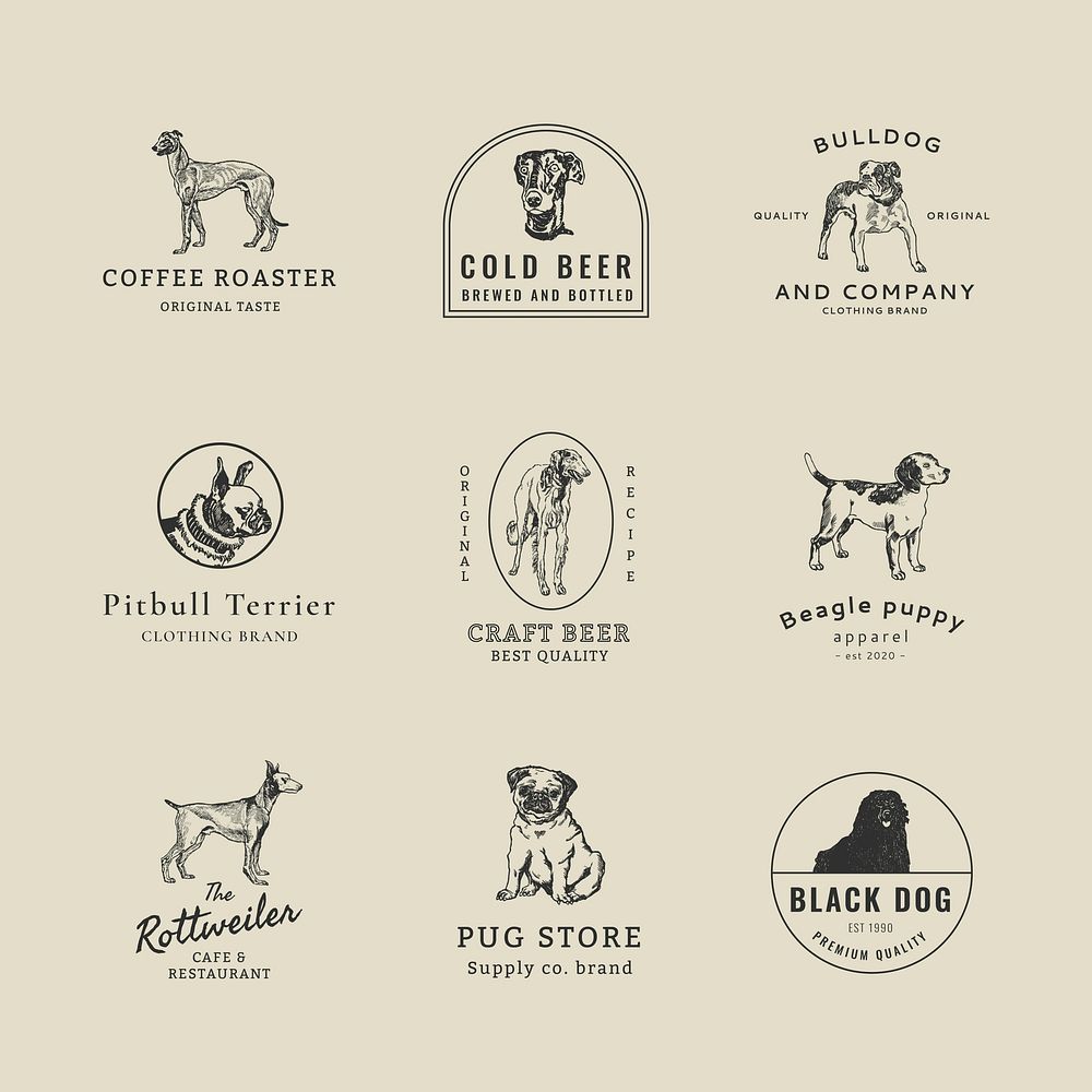 Vintage business logo template vector with vintage dog set, remixed from artworks by Moriz Jung