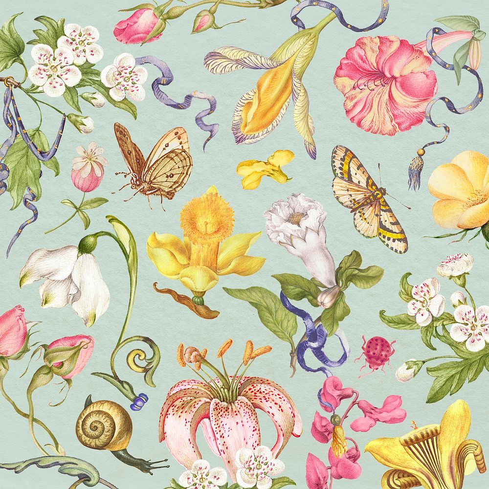 Colorful vintage floral pattern on green background, remixed from artworks by Pierre-Joseph Redout&eacute;
