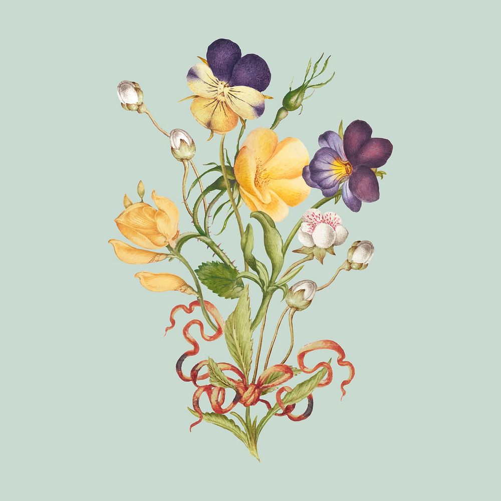 Yellow pansy flower bouquet vector on green background